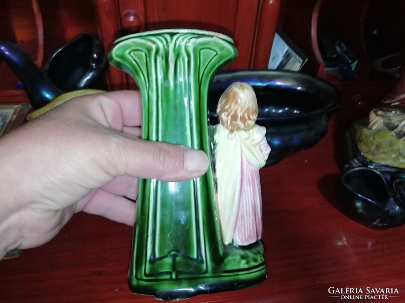 Antique majolica vase little girl