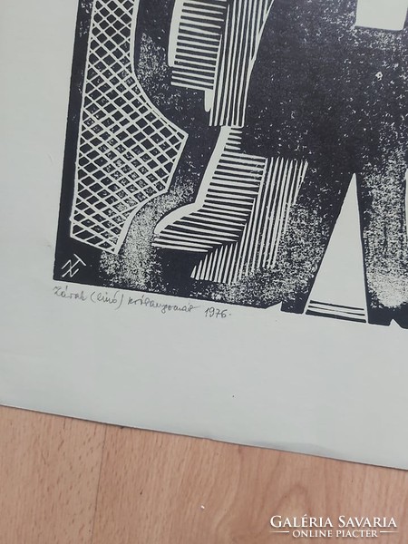TAVASZY NOÉMI: Zárak (linó) 1976, próbanyomat 60x44 cm - modern, fekete-fehér