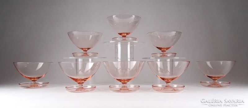 1E570 Régi art deco különleges fújt üveg rózsaszín koktélos pohár készlet 8 darab