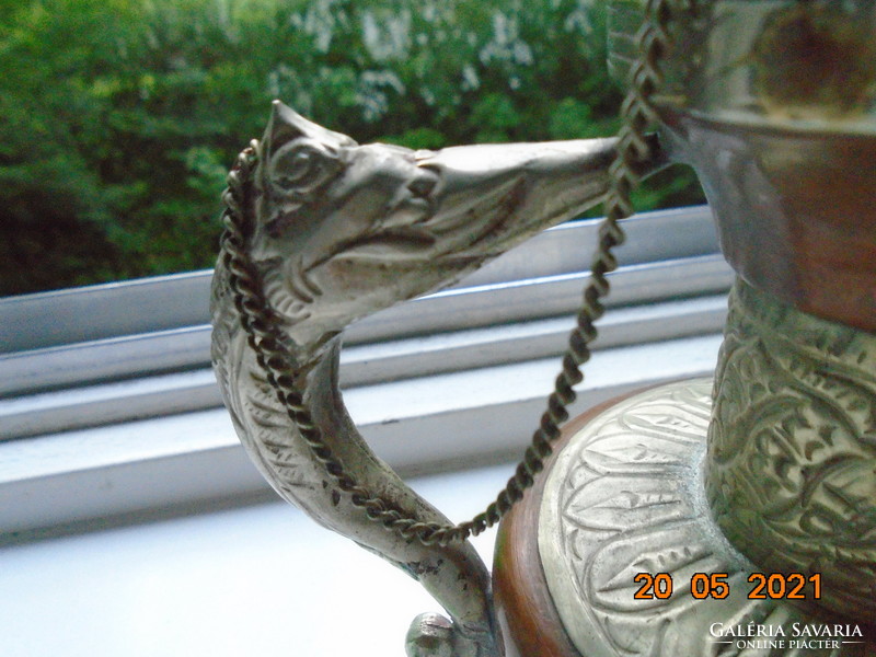 Antique handmade Tibetan dragon with red copper and silver spout
