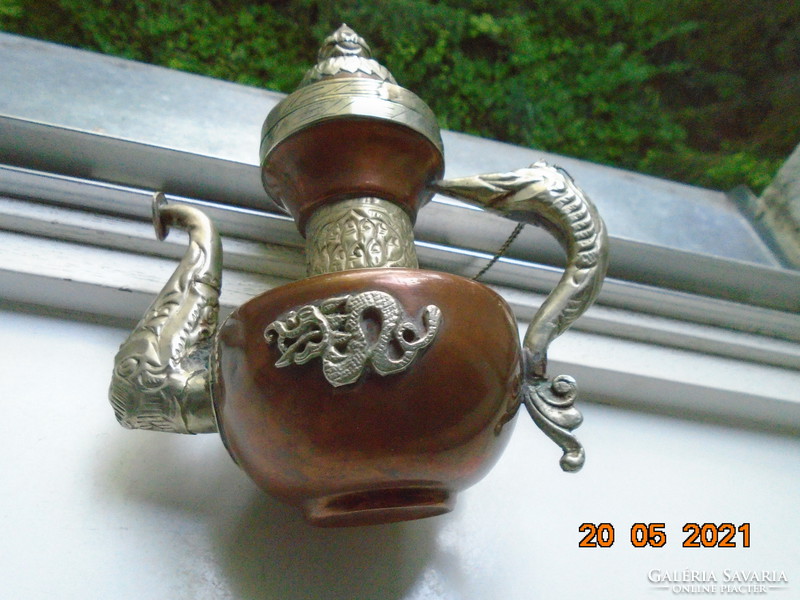 Antique handmade Tibetan dragon with red copper and silver spout