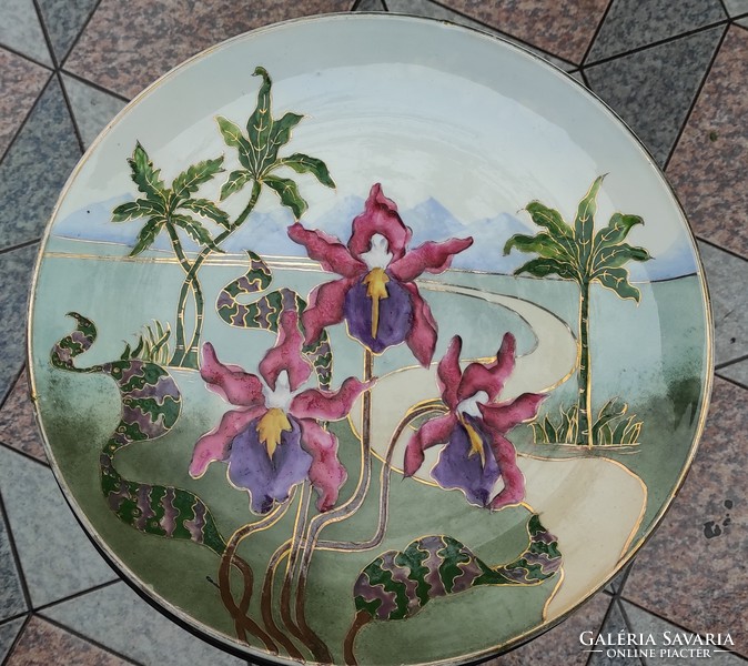 Art Nouveau, offering, wall plate, flowers, exotic austria, wilmelmsburg, ceramics, majolica