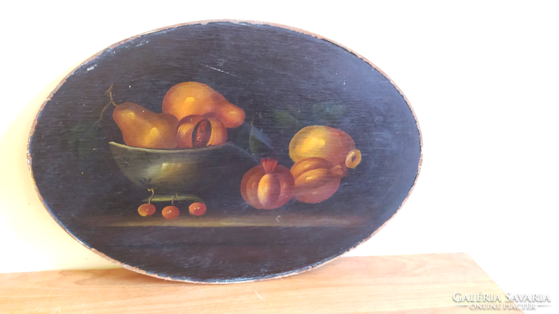 Still life painting painted on an antique wooden plate, 46 cm long
