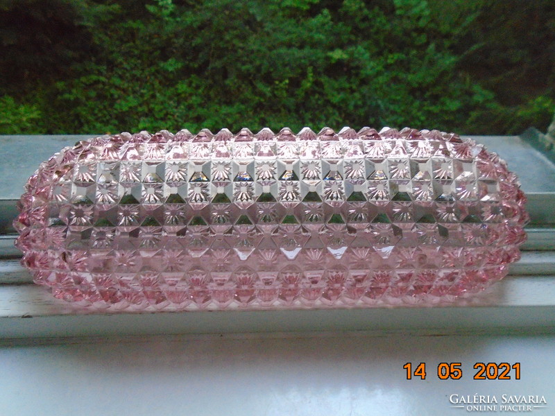 Antik gyémánt  csiszolt rózsaszín kristály üveg hosszú ovális pipere tálca