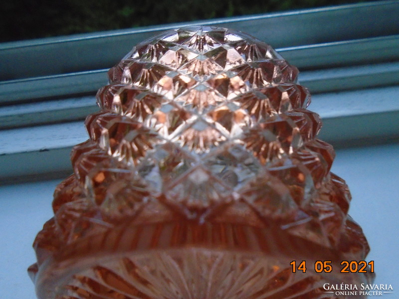 Antik gyémánt csiszolt lazacrózsaszín kristály üveg pipere doboz,tartó