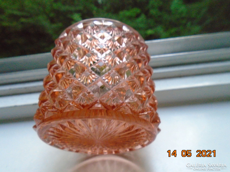 Antik gyémánt csiszolt lazacrózsaszín kristály üveg pipere doboz,tartó