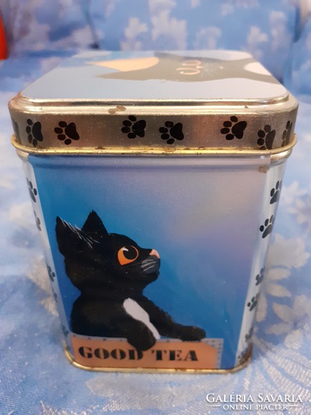 Fekete macska mintás good tea felirat pléhdobozfém doboz fedéllel 90 es évek eleje