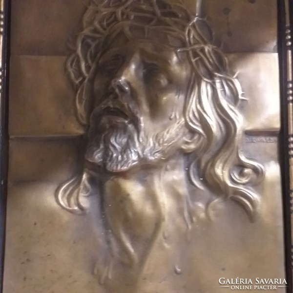 Antik Bronz,Réz,Kézzel Domborított Jézus Kép,Falikép Relief.Jelzett.