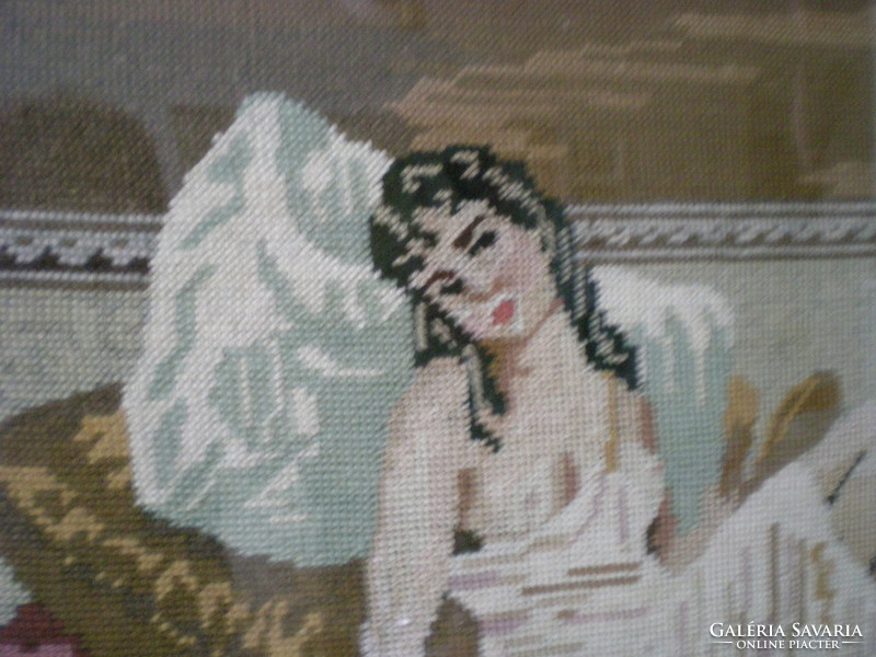 Antique tapestry picture * lady sitting on sofa 57.5x43 cm