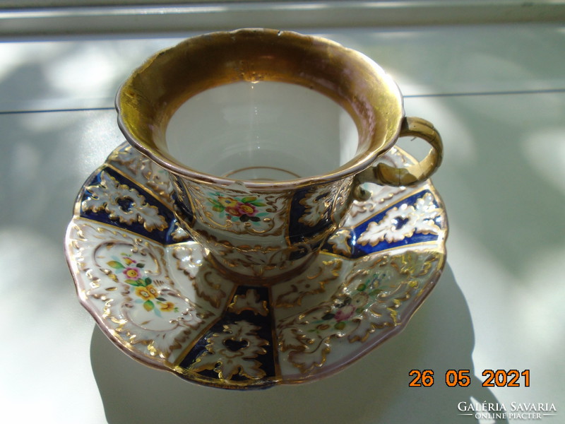 1842  Extrém ritka KRIEGEL&CO PRAG muzeális kobalt arany dombormintás,virágmintás teás csésze tállal