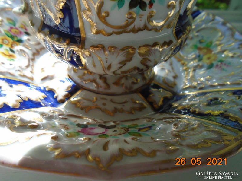 1842  Extrém ritka KRIEGEL&CO PRAG muzeális kobalt arany dombormintás,virágmintás teás csésze tállal