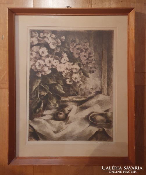 Cozy still life, Little Teresa, colored etching in a glazed frame