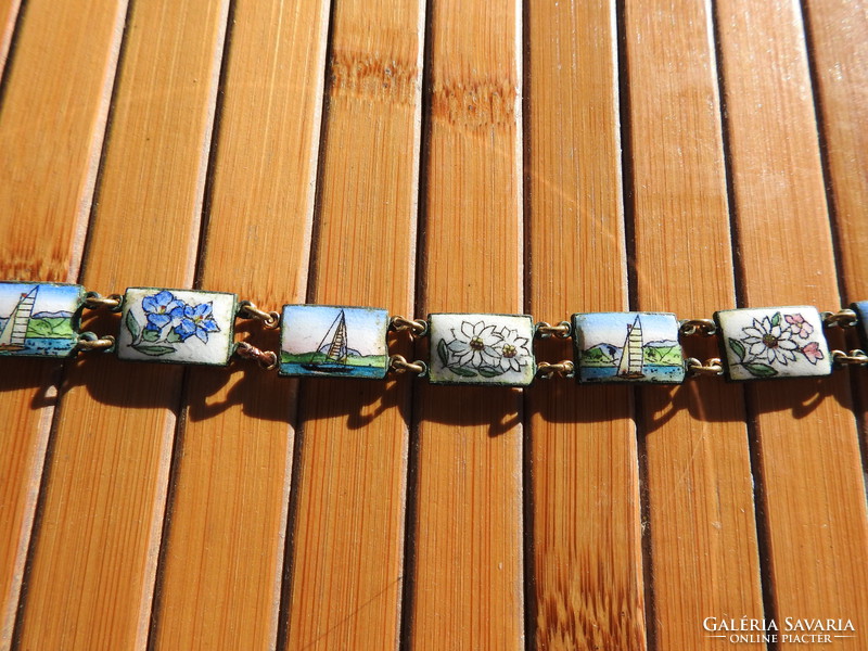 Vintage fire enamel bracelet - bracelet - with flower and sailing fire enamel inserts