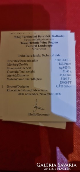 Certificate Tokaji borvidék 2008 BU MATT 5000 Ft 31,46 gramm 0,925 ezüst érméhez