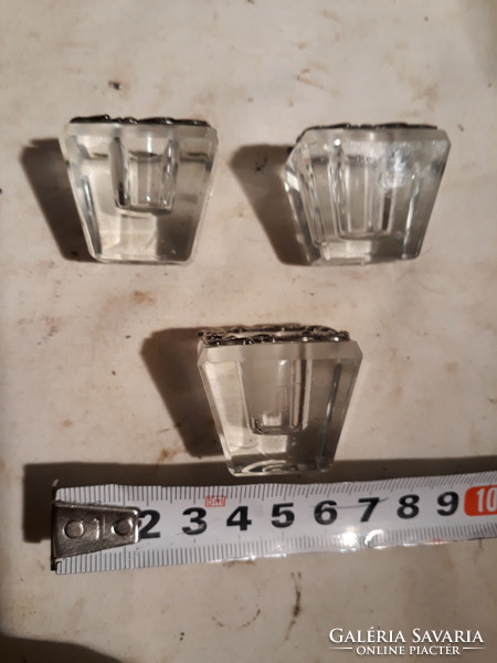 3 small carved crystal glass candle holders with silver rim