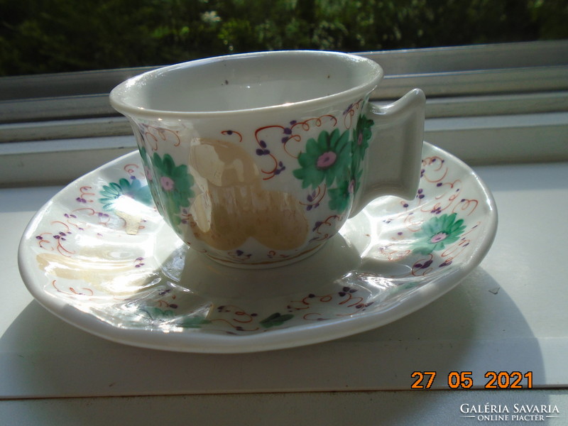 1864 TK Thun kézzel festett Biedermeier kávés csésze tömör fogóval teás alátéttel