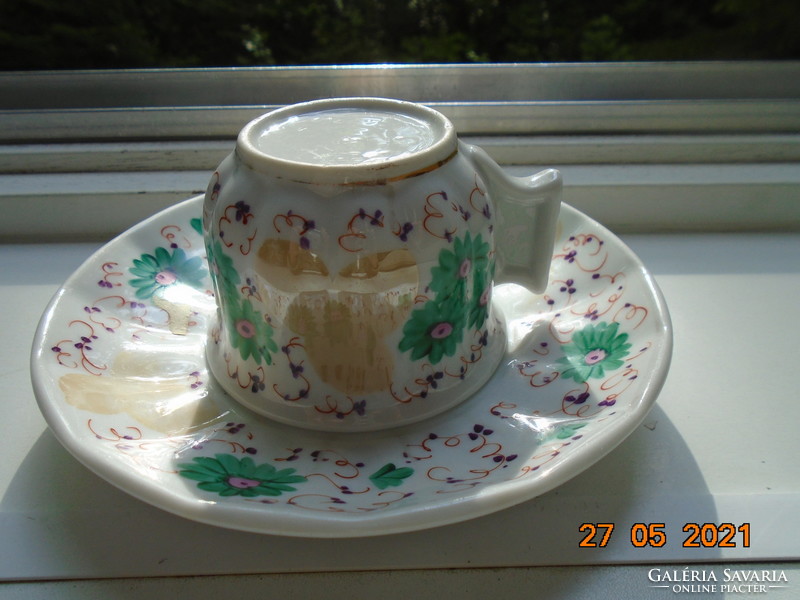 1864 TK Thun kézzel festett Biedermeier kávés csésze tömör fogóval teás alátéttel