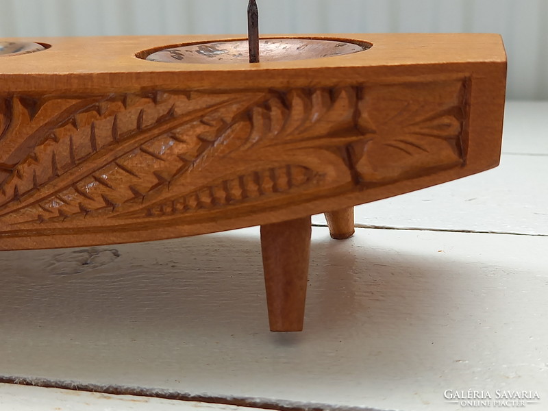 Wonderful retro carved candle holder with red copper inlay_marked_folk artists htsz_1960s
