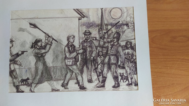 (K) Herpay József nagyon személyes jellegű grafikája, történettel  35x43 cm kerettel