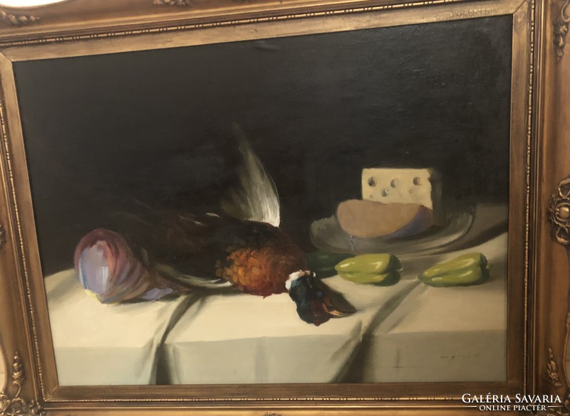 Eredeti Murin Vilmos fácános asztali csendélet, vadászcsendélet olaj-fa 75 x 94 cm blondel keretben