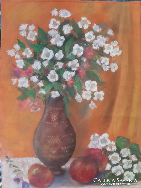 Gádori: orange-white floral still life, paper, pastel 2014. Without frame.