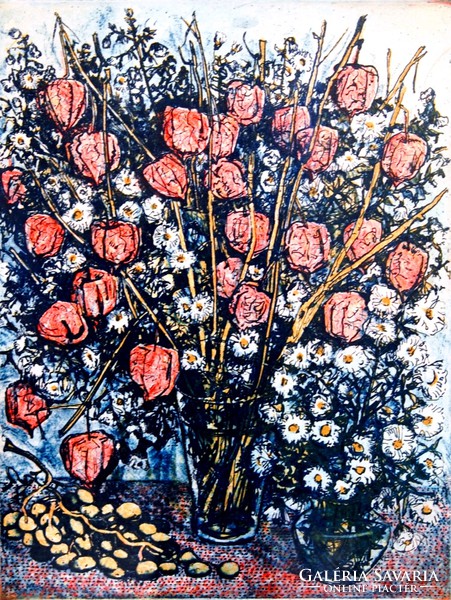 István Imre (1918-1983): bouquet - colored linocut, framed