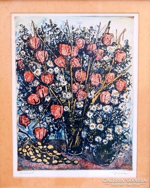 István Imre (1918-1983): bouquet - colored linocut, framed