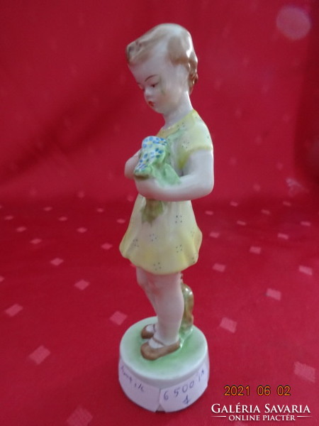 Zsolnay porcelán, antik figurális szobor, sárga ruhás lány virággal. Vanneki!