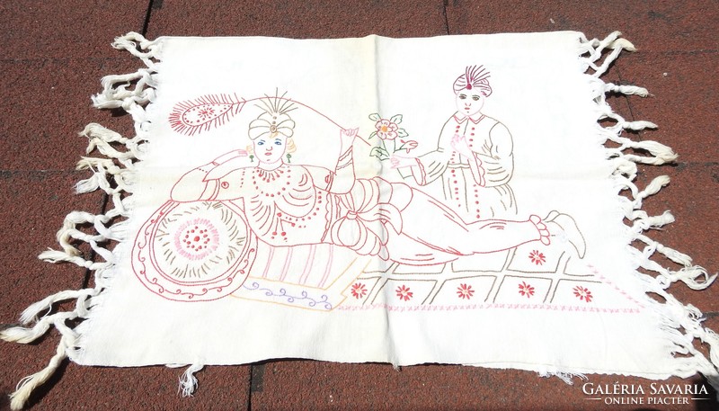 Antique embroidered scene cushion cover with harem lady and wolf dog pattern