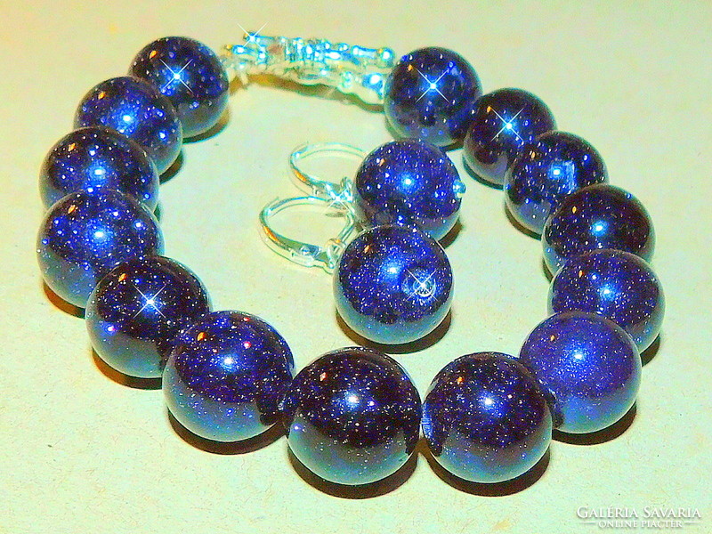 Sparkling Blue Sunstone Pearl Bracelet and Earrings Jewelry Set - Ornate Heart Clasp