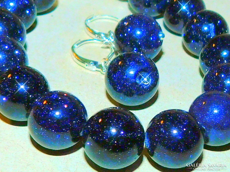 Sparkling Blue Sunstone Pearl Bracelet and Earrings Jewelry Set - Ornate Heart Clasp