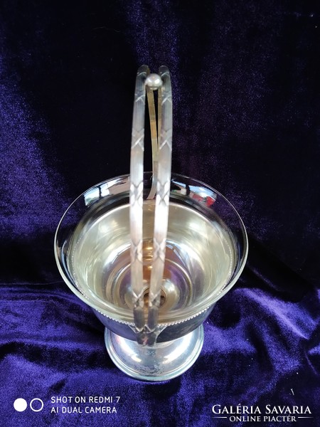Antik ezüst 800-as (Diana) üvegbetétes, fixfüles kosár (kináló)