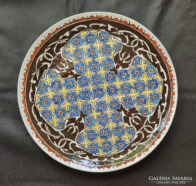 Régi nagy méretű keleti kézzel festett kerámia  tányér, tálca, falitányér