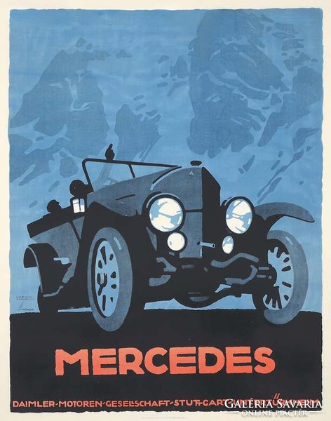 Mercedes oldtimer automobil reklám plakát reprint nyomat Ludwig Hohlwein régi autó kocsi c. 1930