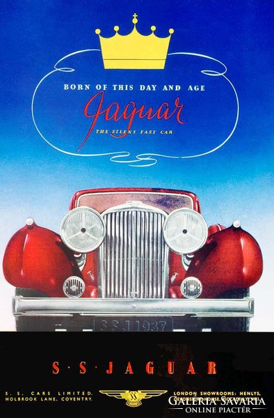 Vintage SS Jaguar oldtimer reklám plakát reprint 1937 régi piros automobil arany korona autó embléma