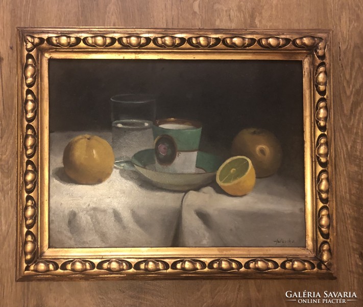 30X40 cm marked oil cardboard signed art deco deco still life in a unique old frame