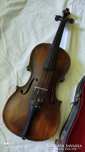 Antique marked violin with case and bow with strings and resin