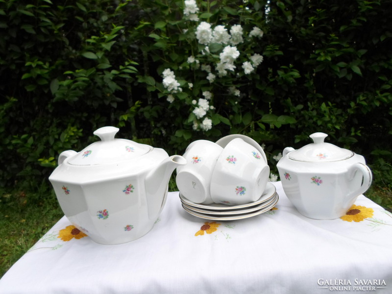 Drasche porcelán, virágos teáskészlet: teáskanna, cukortartó, csésze alátéttel
