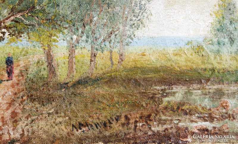 Antik festmény: Séta a mezei úton