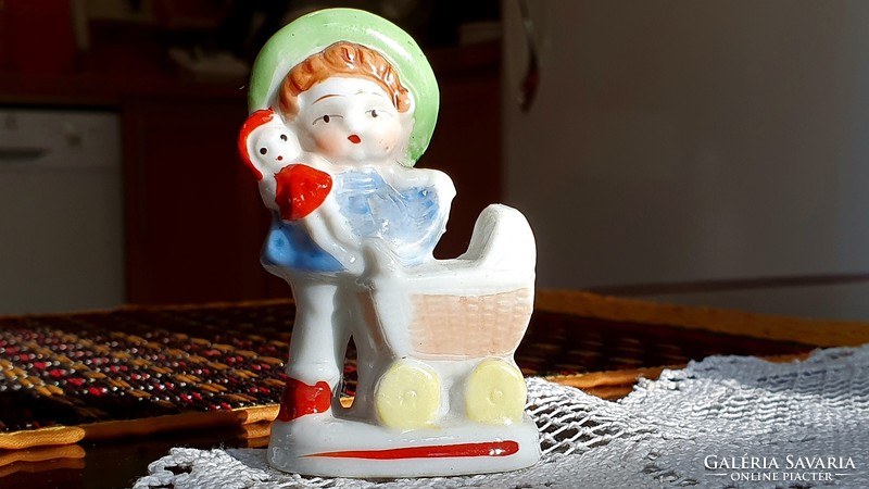 Cute, tiny, old, little baby carriage porcelain figure.