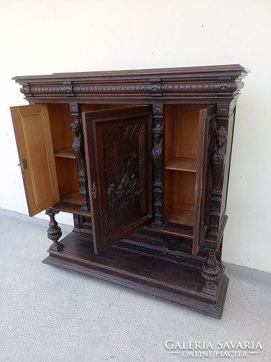 Antique richly carved revelry company decorative very heavy hardwood tin cabinet 4325