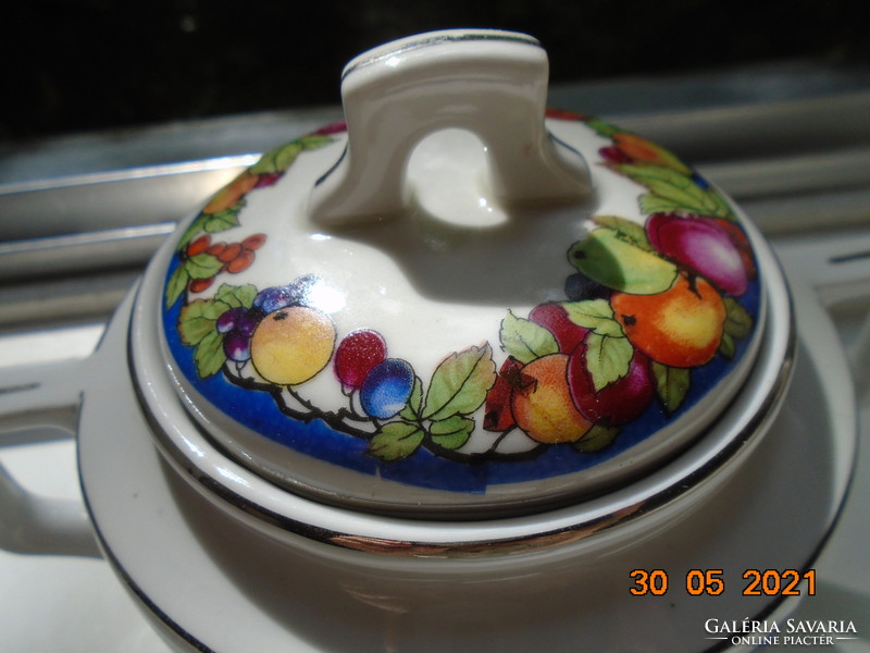Zsolnay teapot sugar bowl with shield stamp, platinum decorative stripe, fruit pattern