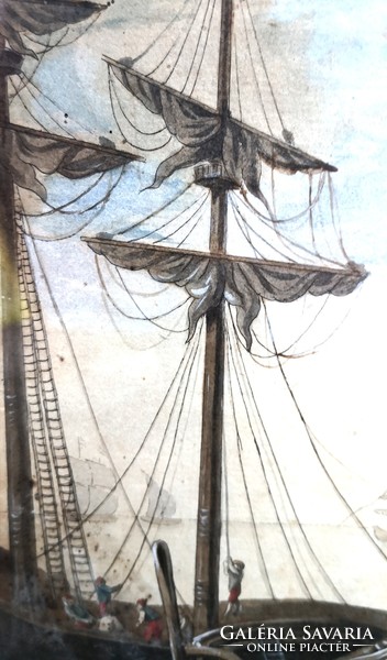 FK/095 - Antik, 230 éves gouache! Ismeretlen francia festő – Kikötői jelenet