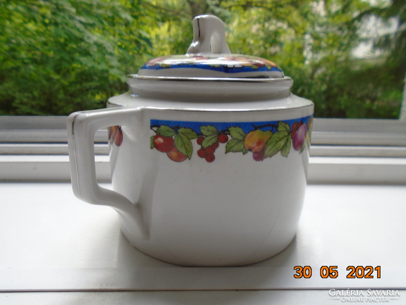 Zsolnay teapot sugar bowl with shield stamp, platinum decorative stripe, fruit pattern