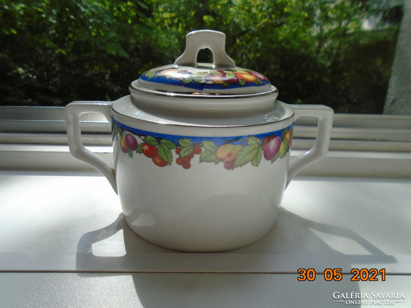 Zsolnay teapot sugar bowl with shield stamp, platinum decorative stripe, fruit pattern