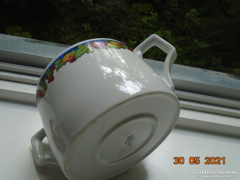 Zsolnay teapot sugar bowl with shield stamp, platinum decorative stripe, fruit pattern