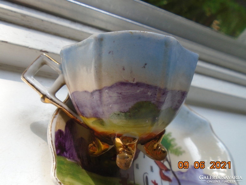 Panoramikus tájképpel kézzel festett 4 lábacskás kávés csésze alátéttel