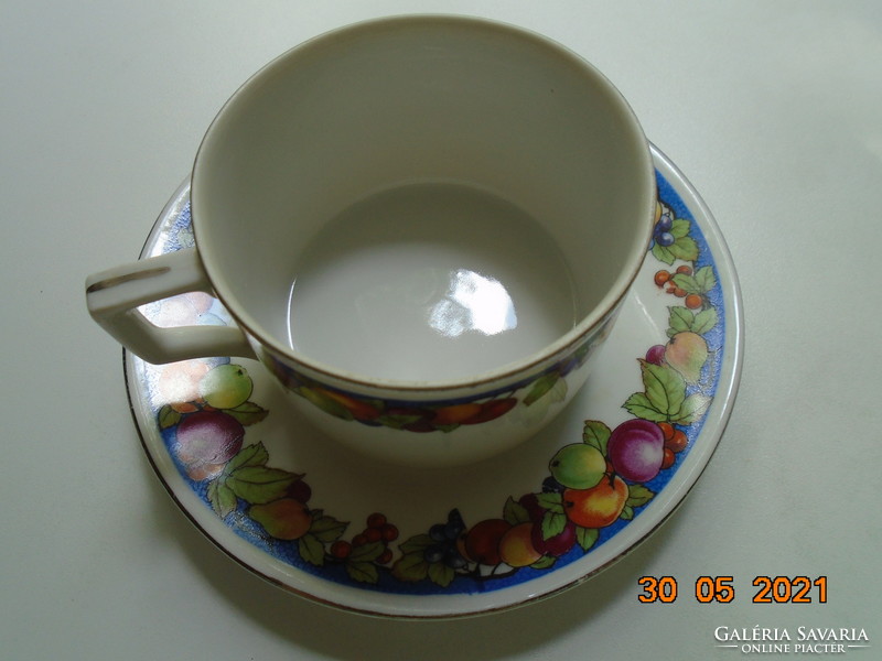 Zsolnay pajzspecsétes, platina díszcsíkos, gyümölcs mintás teás csésze alátéttel