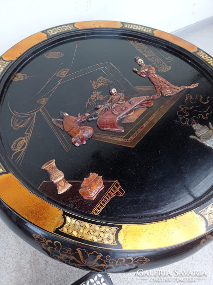 Antique Chinese Pearl Emboss Inlaid Painted Black Lacquer Furniture Round Glass Table 4 Chairs Asia 4311