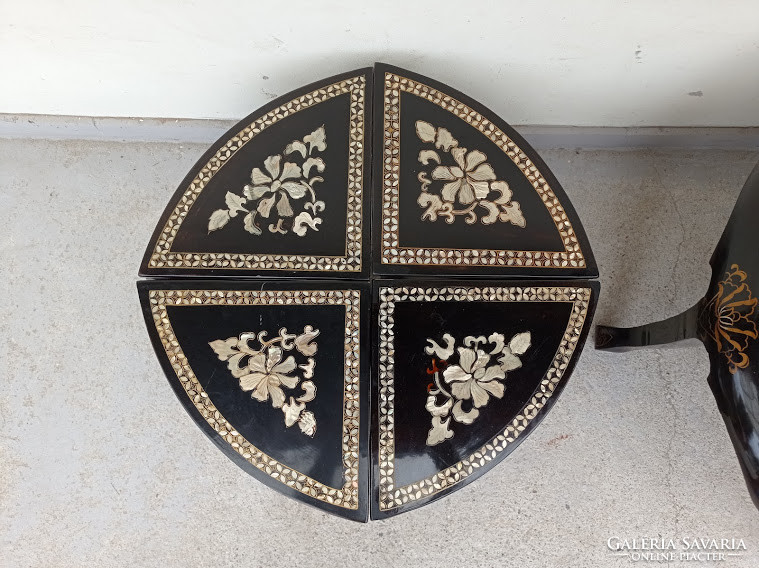 Antique Chinese Pearl Emboss Inlaid Painted Black Lacquer Furniture Round Glass Table 4 Chairs Asia 4311